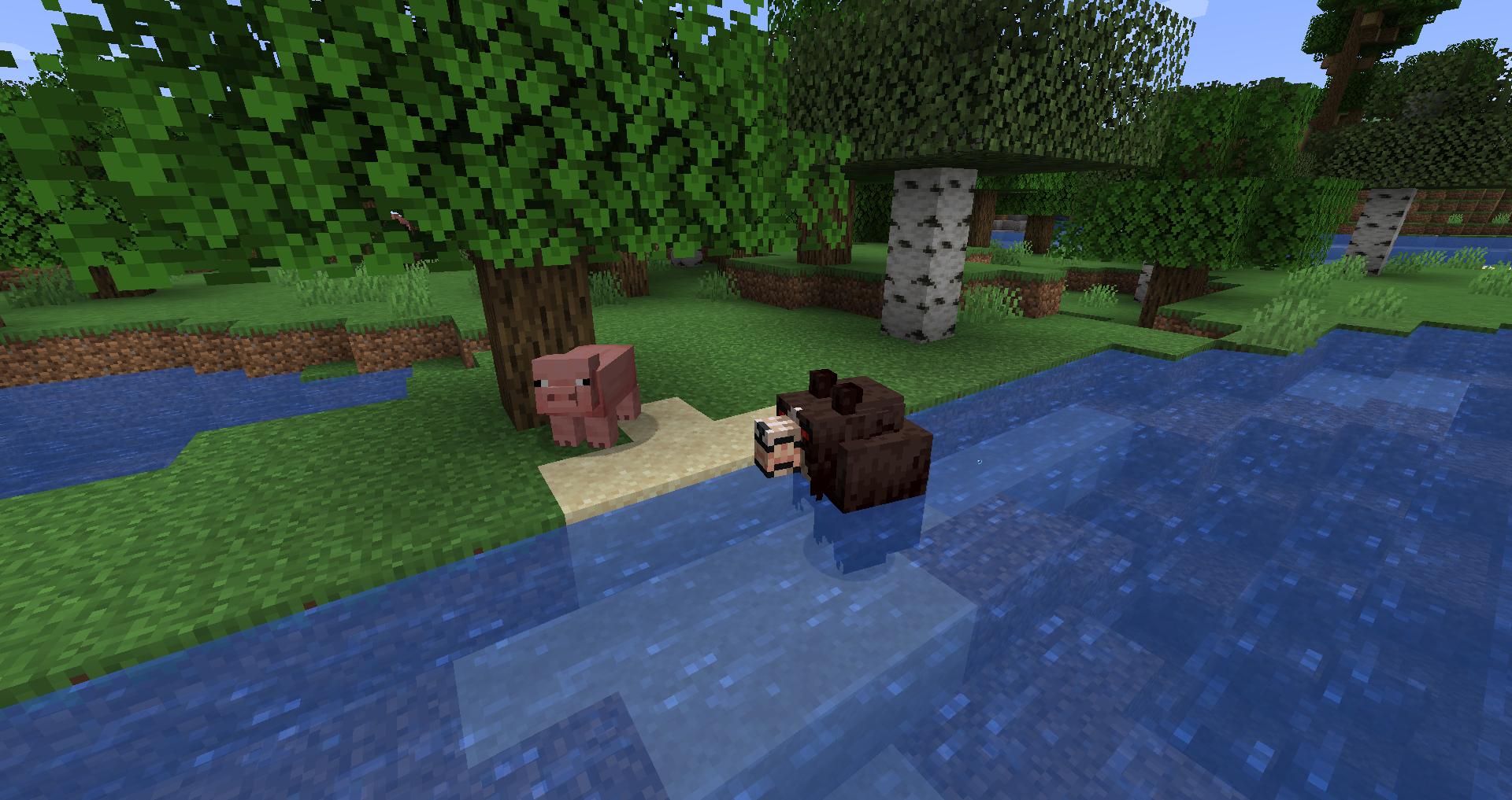 Minecraft "Werewolf" sitting in water; the model is too small and looks similar to a bear/beaver